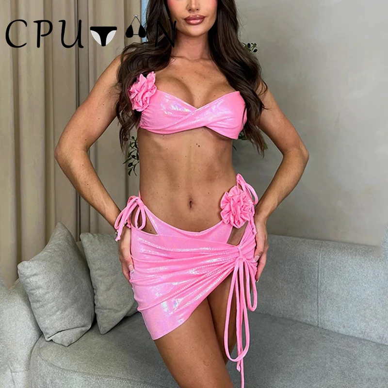 

CPUTAN 3D Flower 3 Piece Bikini Women Swimsuit 2024 Swimwear Push Up Beachwear Swimming Bathing Suit Bikini Set Skirt Biquini