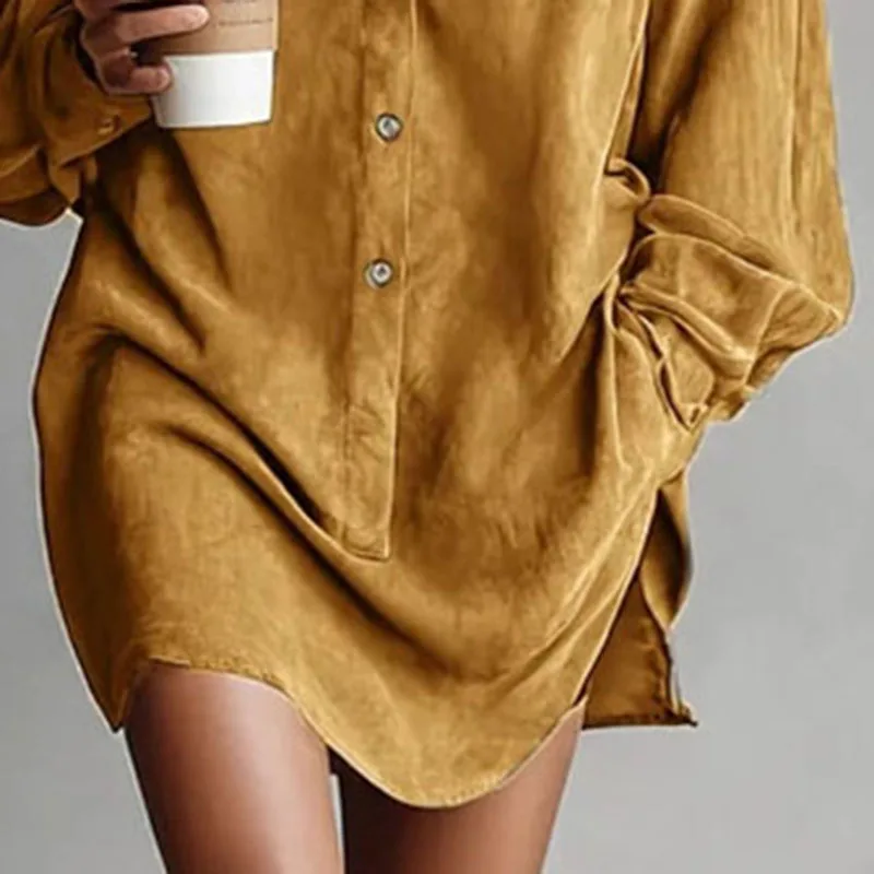 الفرنسية التباين التلبيب زر قميص اللباس امرأة الرجعية الصلبة الجلد المدبوغ فضفاض البسيطة فستان قصير الخريف طويلة الأكمام جيب البلوز اللباس #5