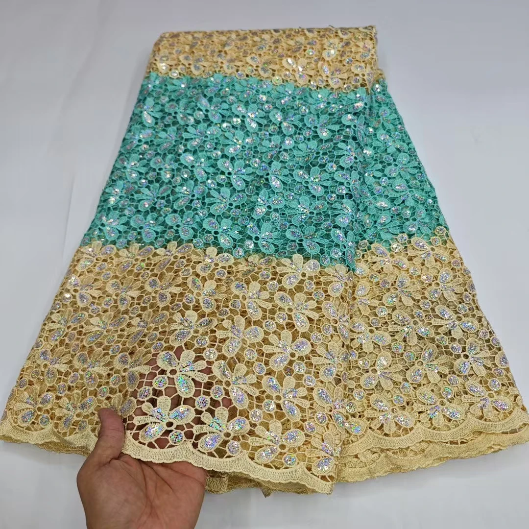 

Latest 2025 High Quality Gold Green Sequins African Nigerian French Guipure Cord Water Soluble Lace Fabric For Dress KHD25154