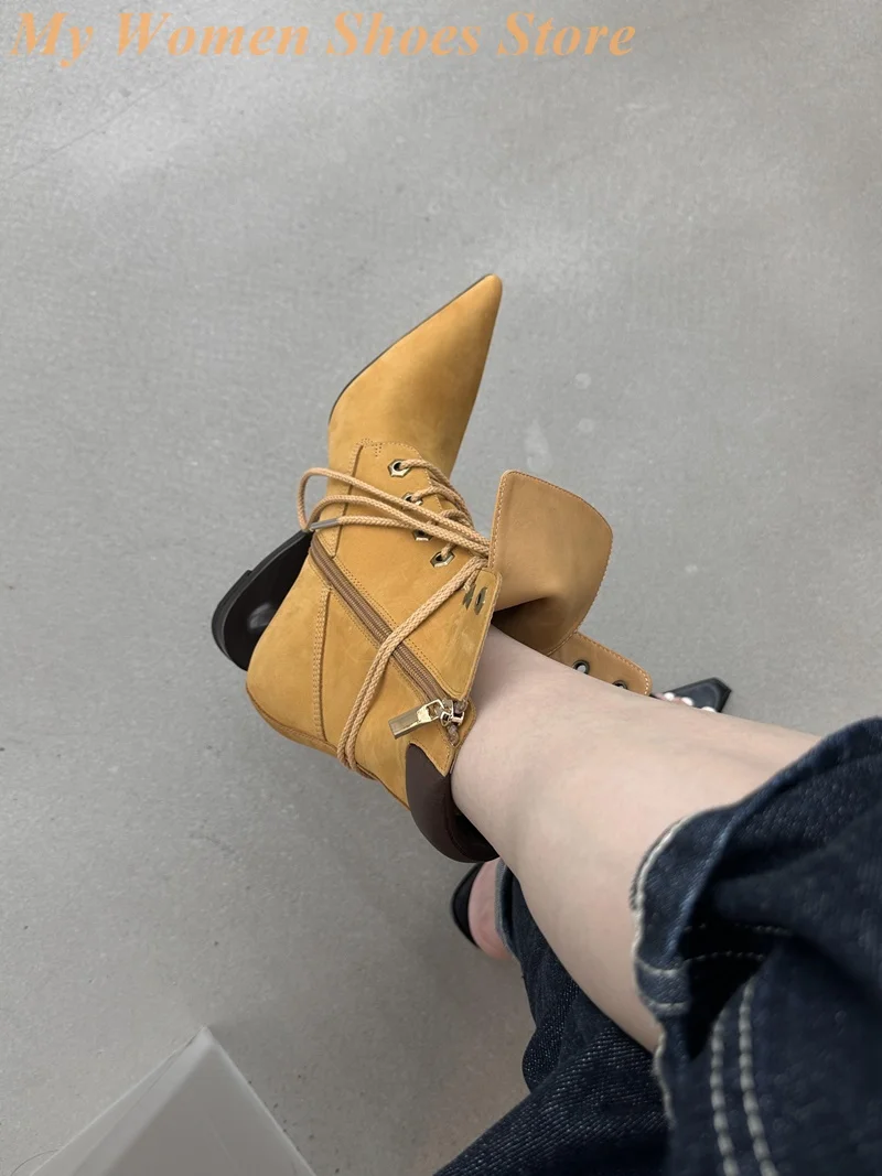 مدبب تو غريب نمط كعب الجوارب الدانتيل يصل سستة البني موضة الكاحل 2025 النساء الأحذية الصورة الحقيقية رائجة البيع المدرج الأحذية #4