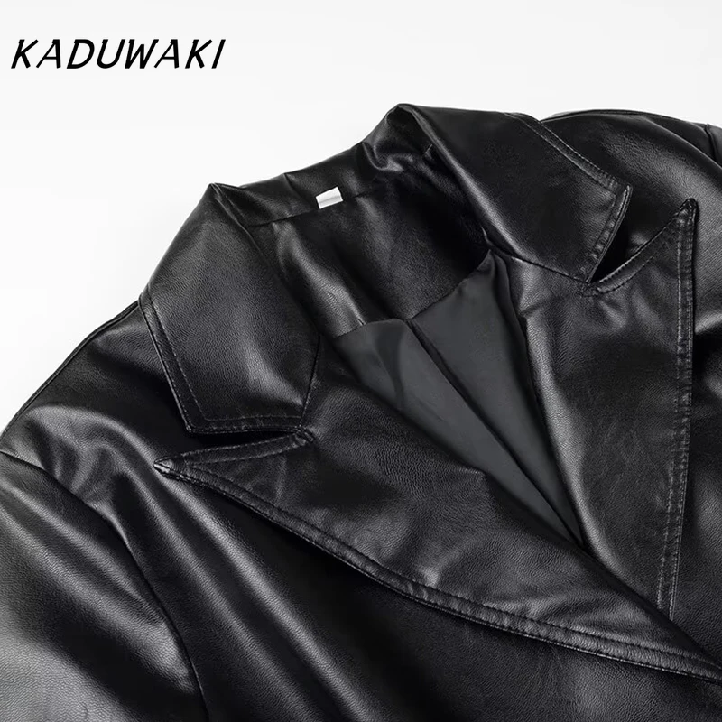 KADUWAKI Woman's Faux Leather Windcheater Cool Trench Long Wind Coat Outer Garment Retro Lapel Long Sleeve PU Jackets Outerwear