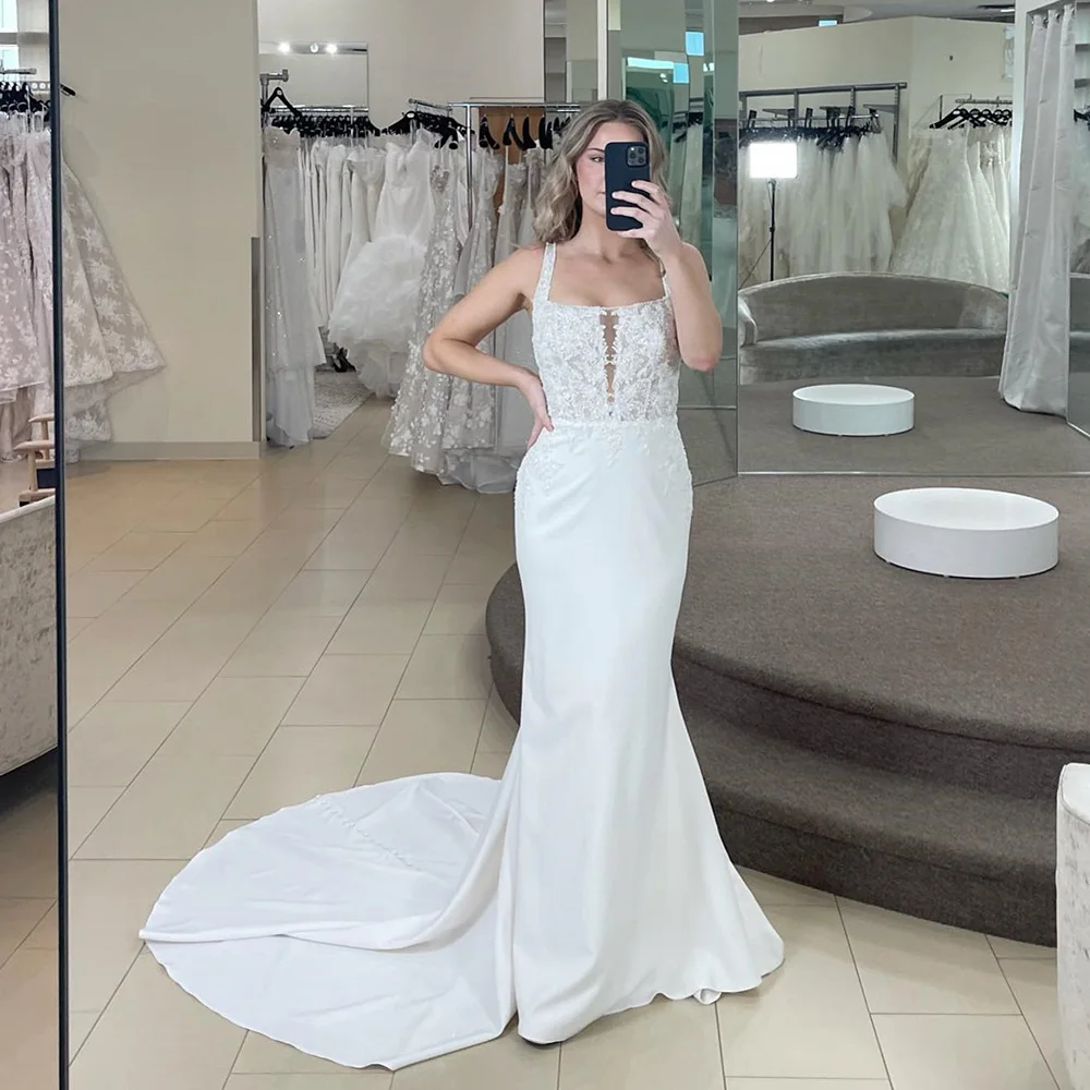 Modern Wedding Dress For Bride 2023 Square Collar Sleeveless Bride Gowns Lace Applique Satin Mermaid Sweep Train Robe De Mariée