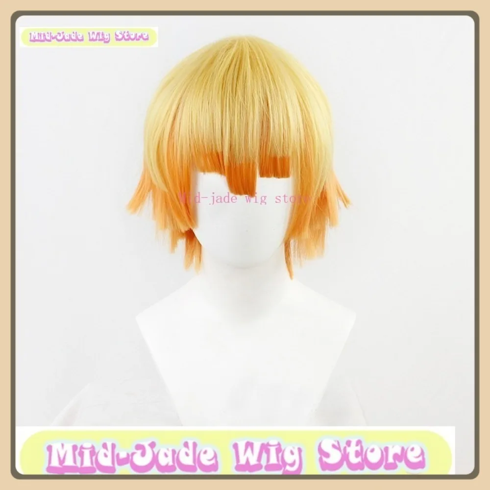 Wig Mid-Jed Toko Wig Cosplay Zenitsu Dewasa Demon Slayer Wig Sintetis Pesta Halloween Permainan Peran Anime