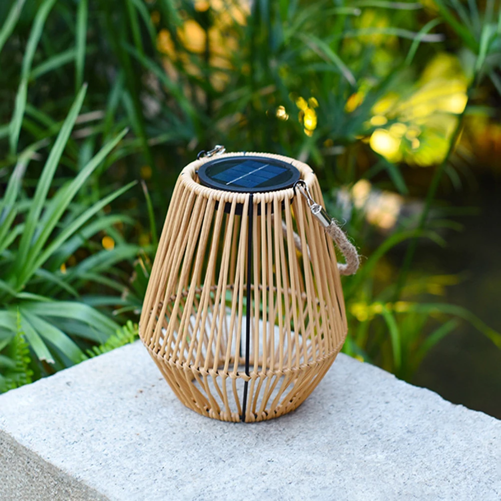 Outdoor Rattan Solar Lantern Waterproof Hanging Bamboo Chandelier Lamp with Handle Solar Powered Decorative Light for Garden