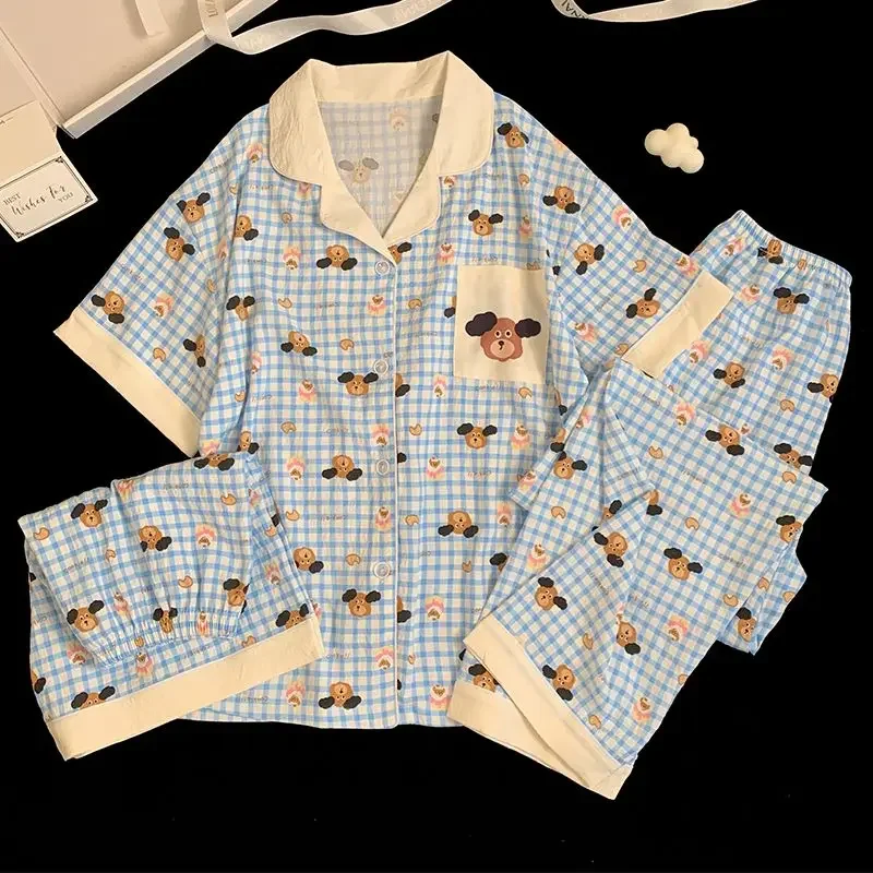 

Забавные и милые женские пижамы с кавайным мультяшным принтом, модные модные хлопковые пижамы с облаками, домашняя одежда из 3 предметов, новинка весны 2025 года, с короткими рукавами для отдыха