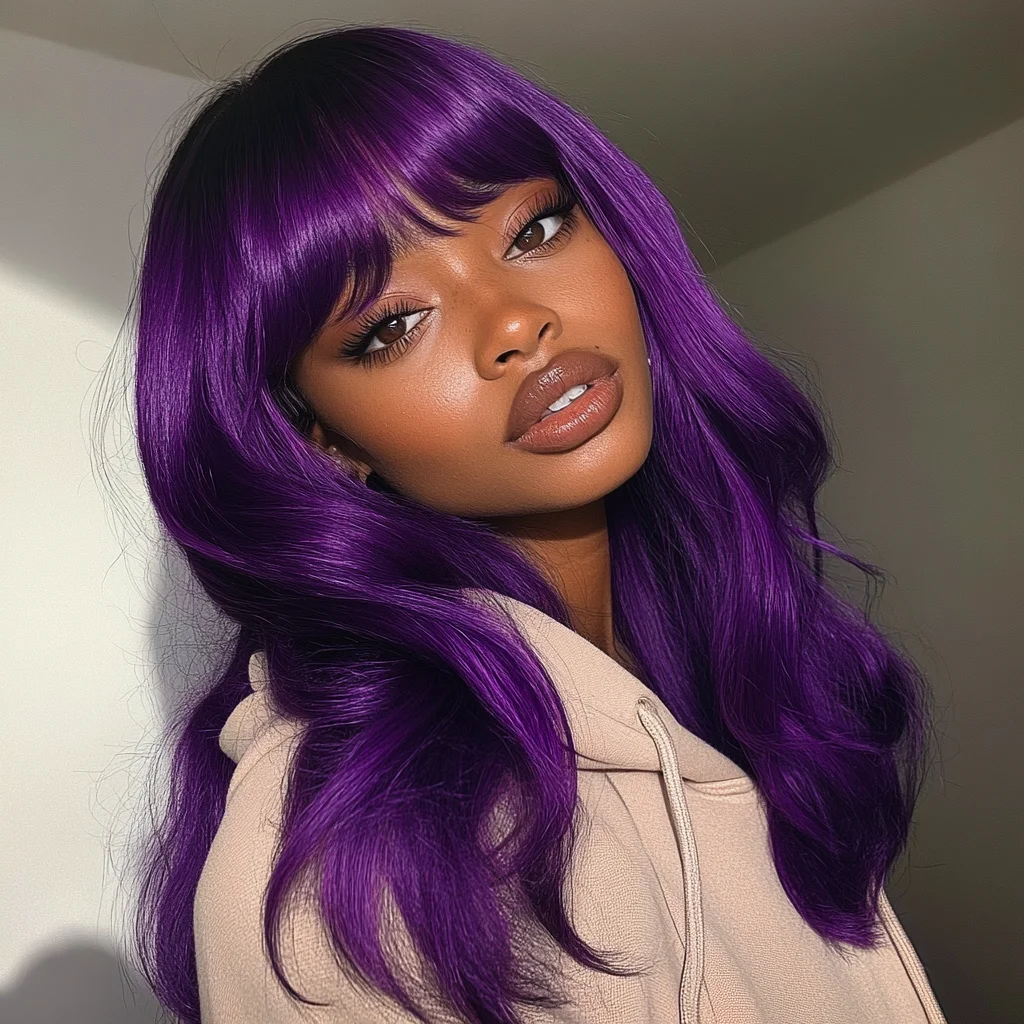 

22"-24" T1B/Purple Body Wave Human Hair Wigs With Bangs Fringe 180D Brazilian Hair Full Machine Made Women Wigs