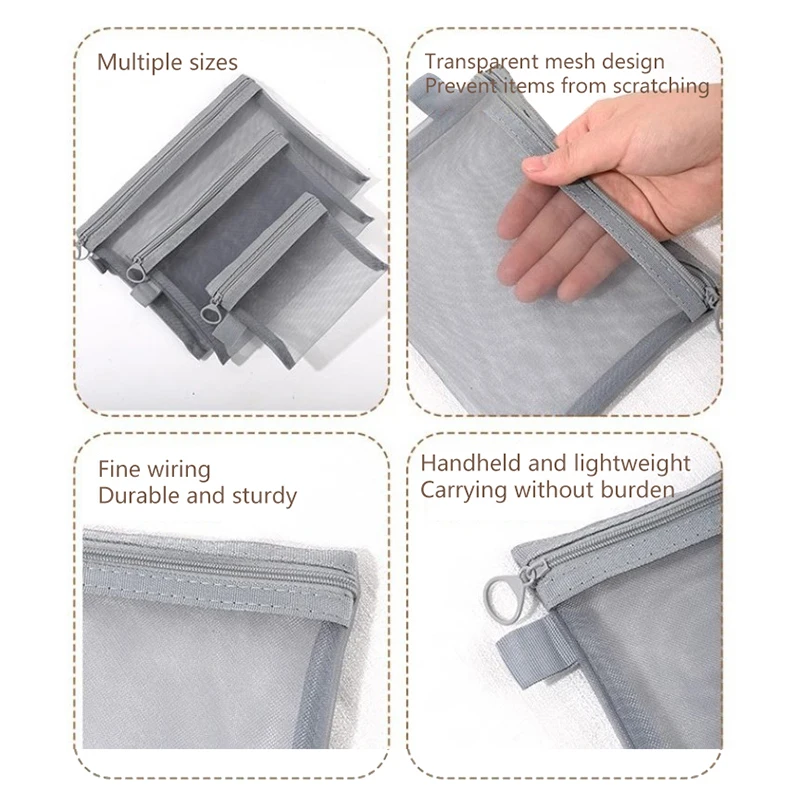 Portable Grey Mesh Cosmetic Bag Travel Zippered Student Office File Bag Headphone Bag Multifunctional Storage Bag