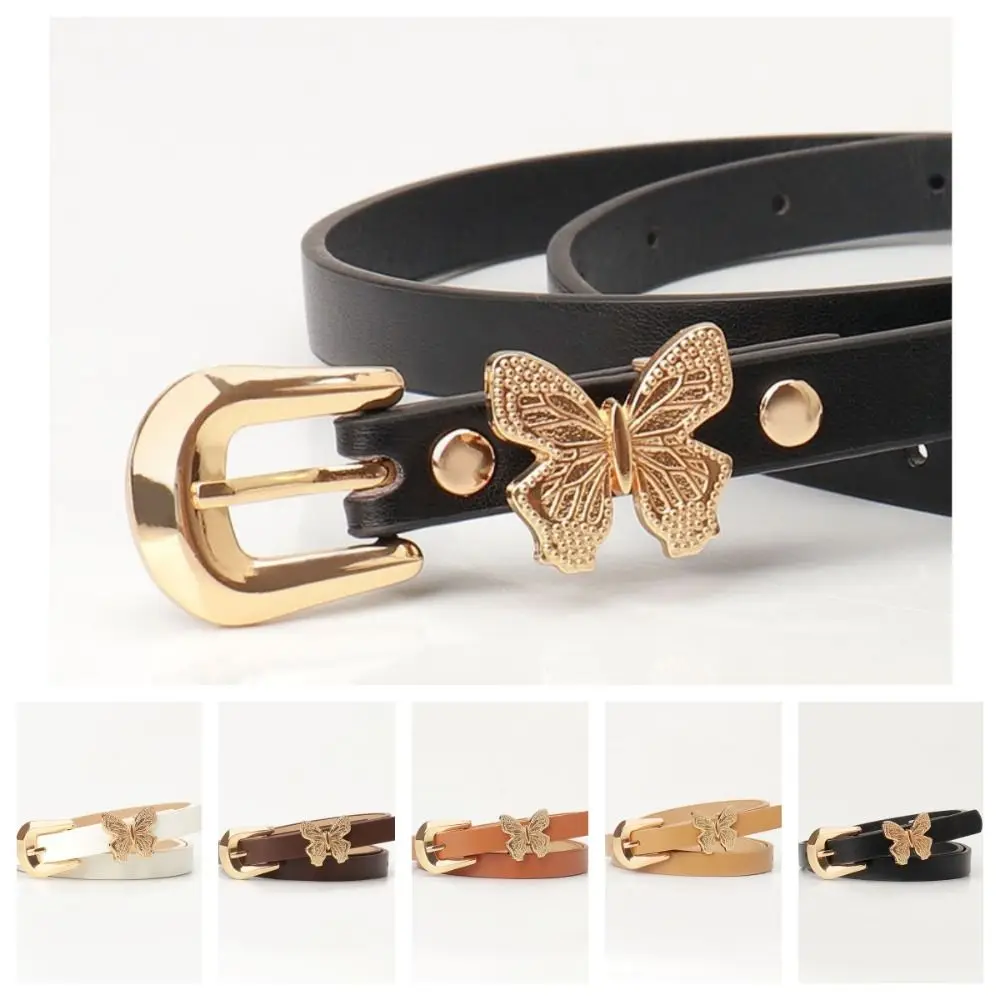 

Fashion Butterfly Design Women's Leather Belt Soft Faux Leather Gold Buckle Waist Belt Thin Casual Designer Belts