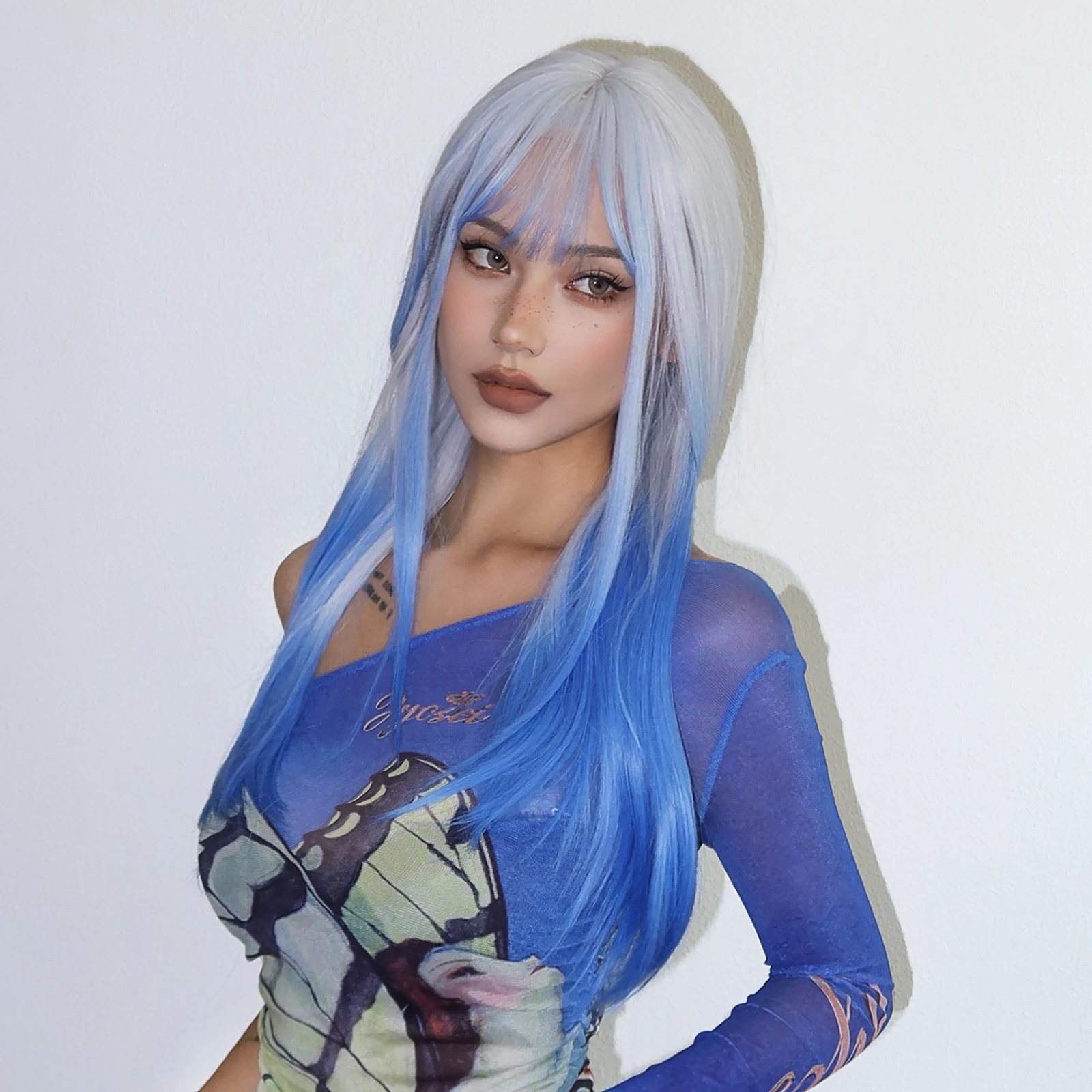 White Blue Ombre Long Synthetic Wigs with Bangs Colorful Cosplay Blue Straight Lolita Wig for Women Heat Resistant Natural Hair