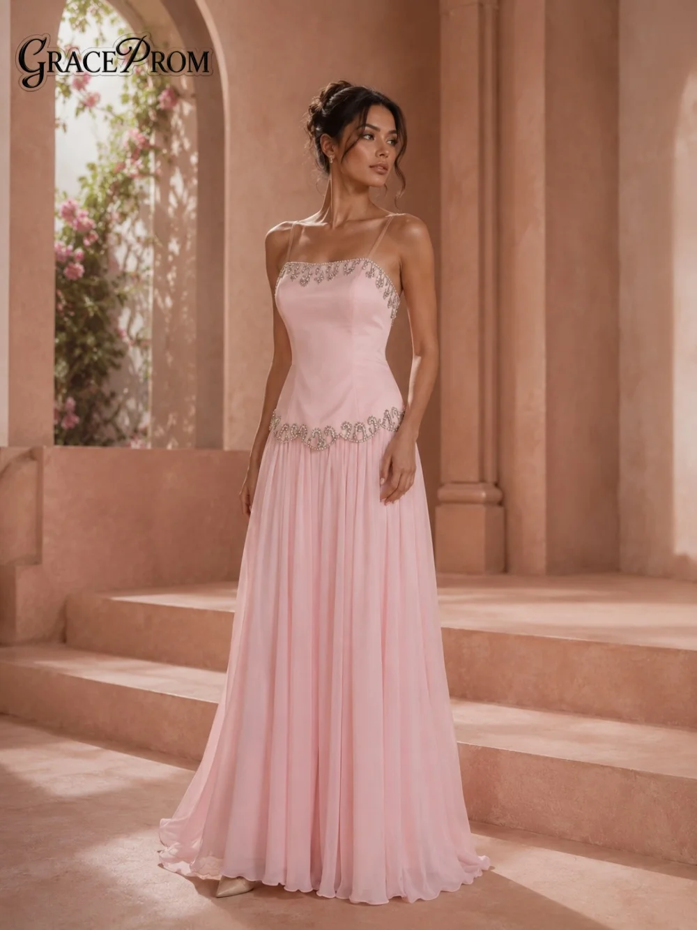 Romantic Blush Pink Crystal Chiffon Evening Gown 2026 Elegant Spaghetti Strap Draped Party Dress For Wedding Guests فساتين سهرة