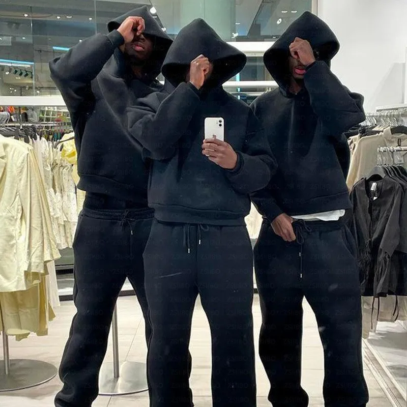 

2025 Casual Simple Couple Fashion Hoodie Sweatshirt Solid Color Loose Sweater Sweatpants Europe and America