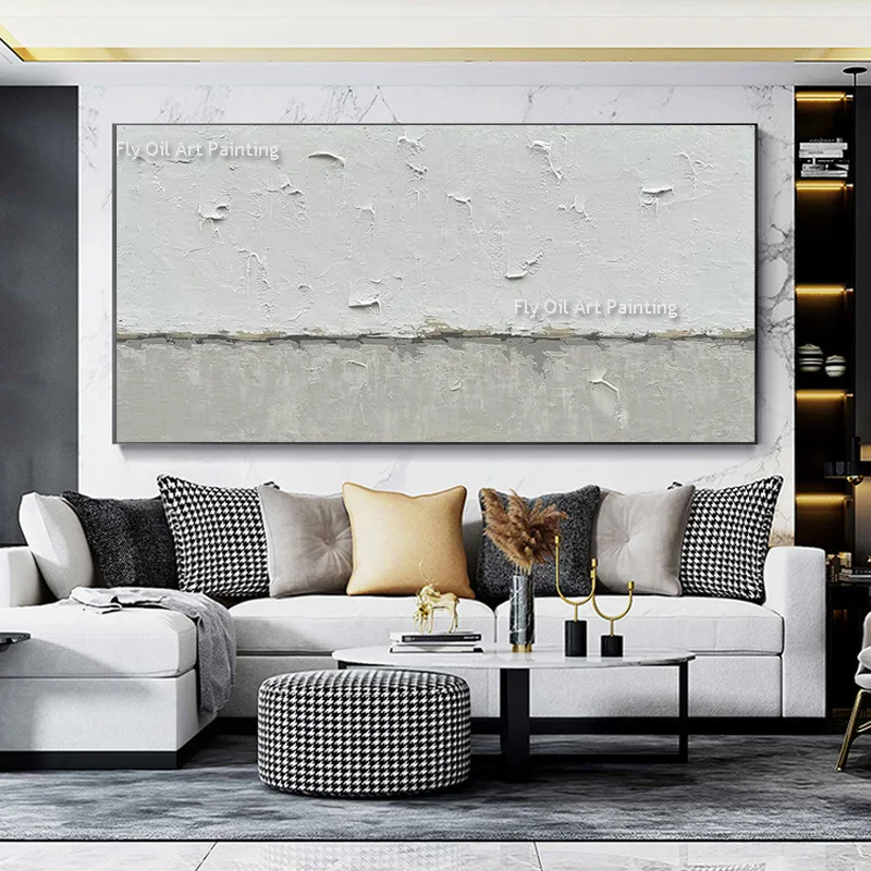 Handmade Large White And Gray Abstract Oil Painting On Canvas Special Design Wall Art Black White Knife Thick Wall Art Decor