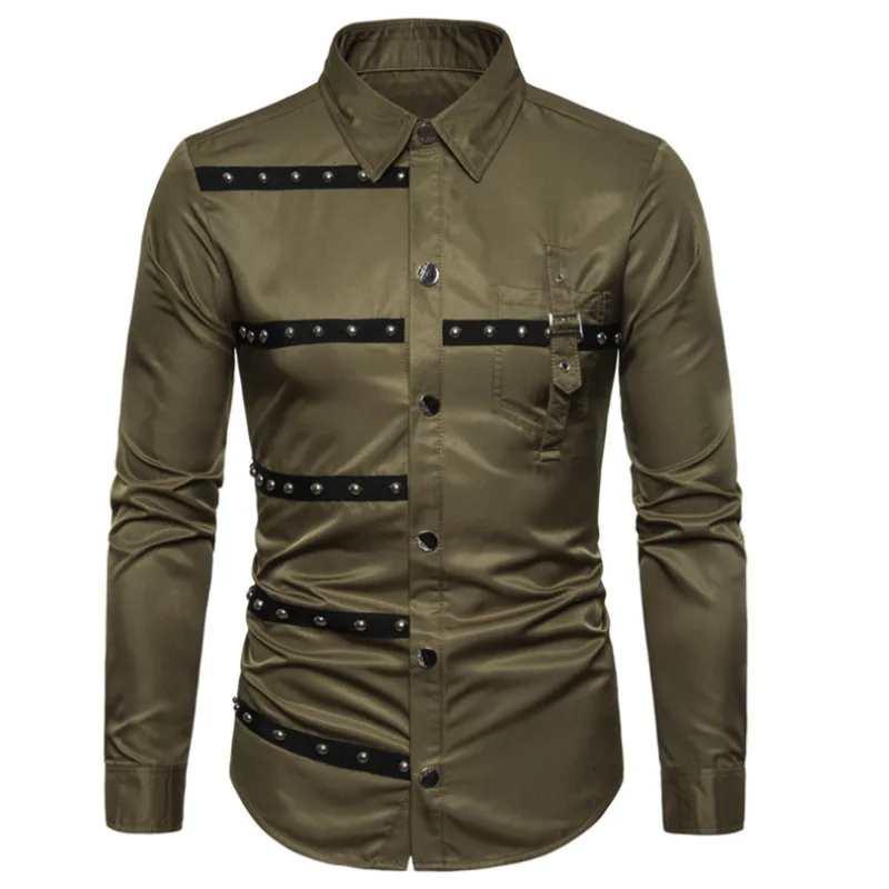 #4619 Black Green Red Streetwear Hip Hop Shirt Men Reivet Party Club Gothic Long Sleeve Mens Shirts Regular Fit High Quality