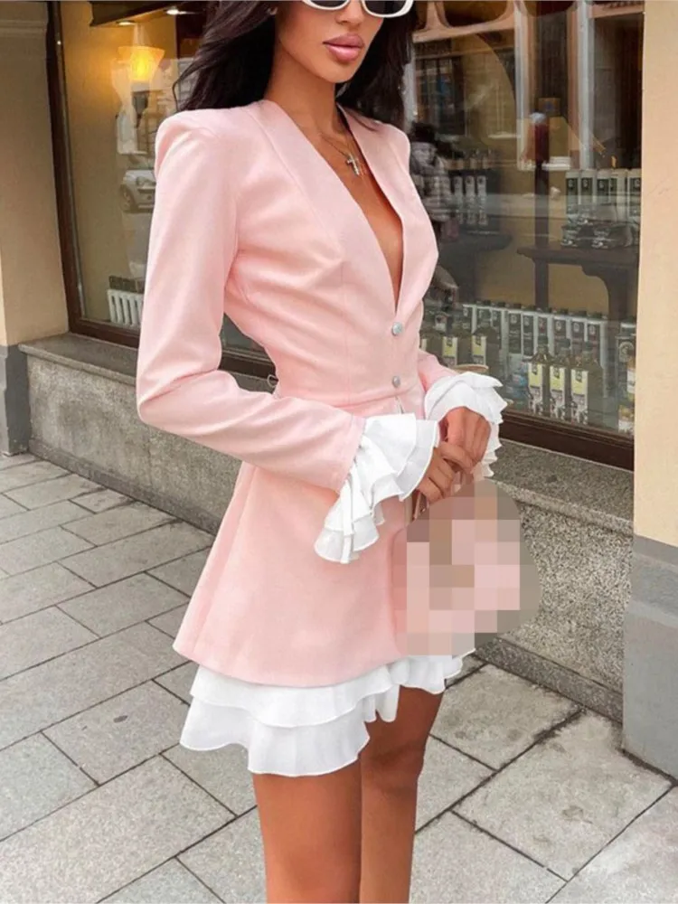 Women's New Long Sleeved Mini Dress Sexy V-neck Fashionable Ruffle Edge Splicing Fake Two-piece Petal Sleeve Dress