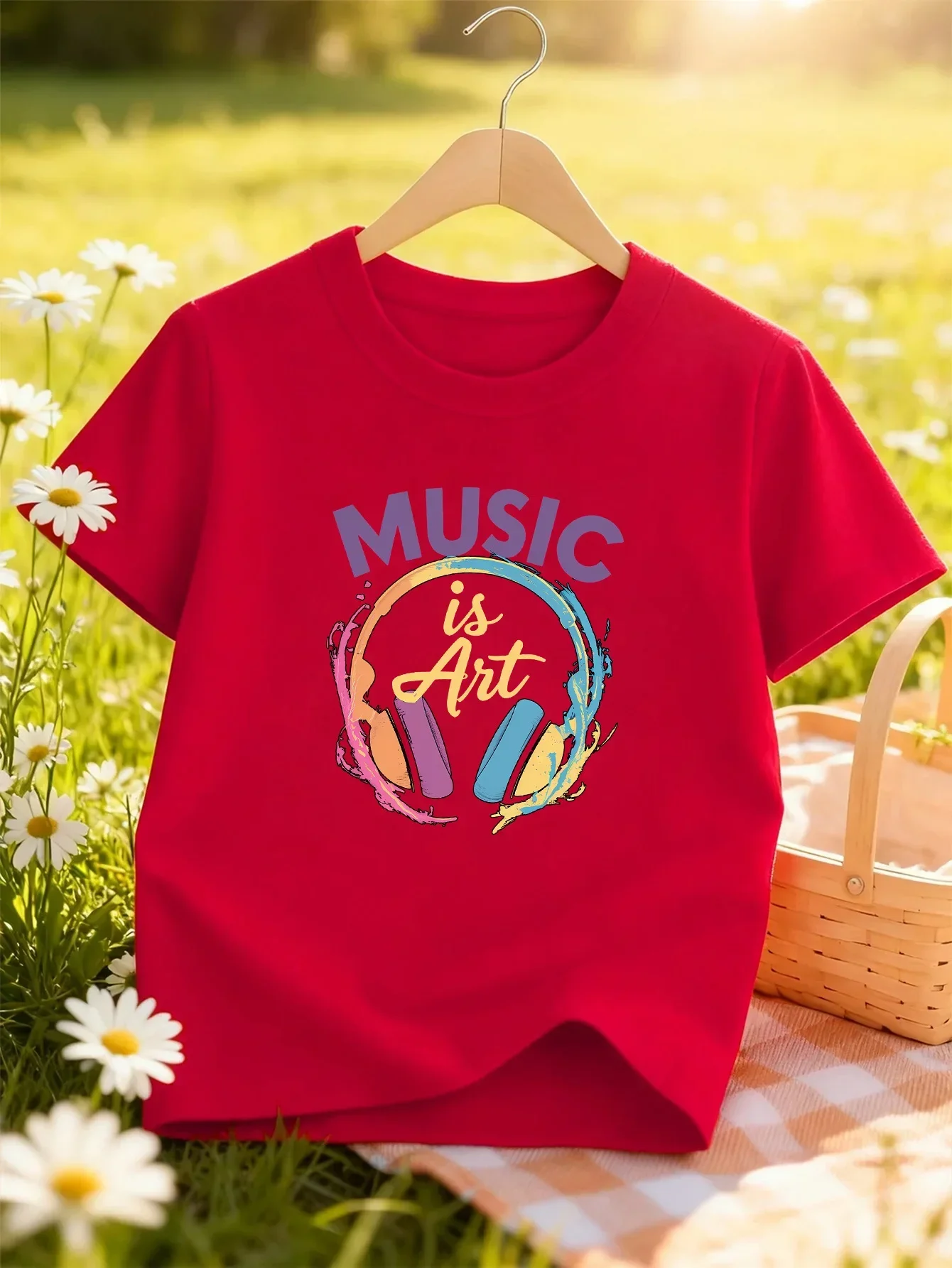 Children Art Music Short Sleeve Tee Graffiti Colorful Headphones MUSIC is ART Letter Print Crew Neck Daily Casual Apparel