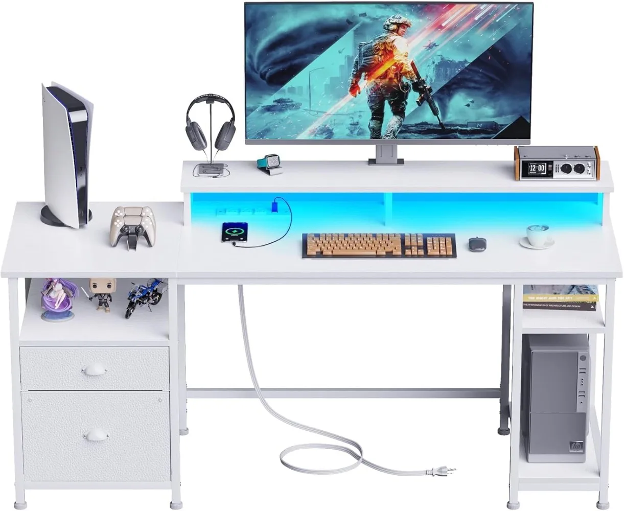 Furologee 61" Desk with LED Light & Power Outlets, Reversible Computer Desk with File Cabinet & Drawer, White Gamin
