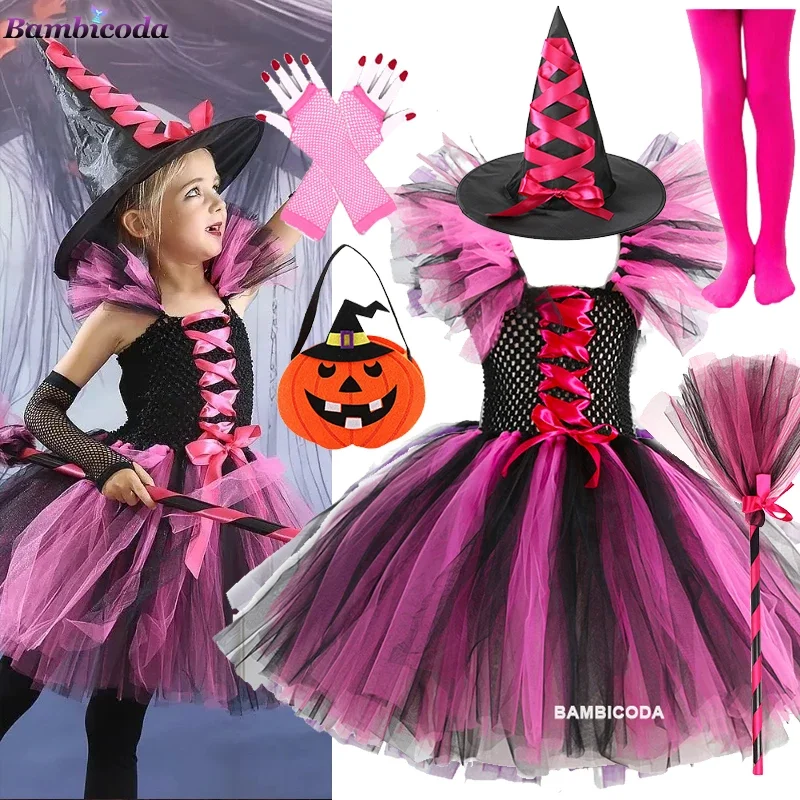 

Halloween Witch Cosplay Costume Carnival Party Witch Lights Up Dress Clothing Luminous Tulle Tutu Dress Broom Hat Bag