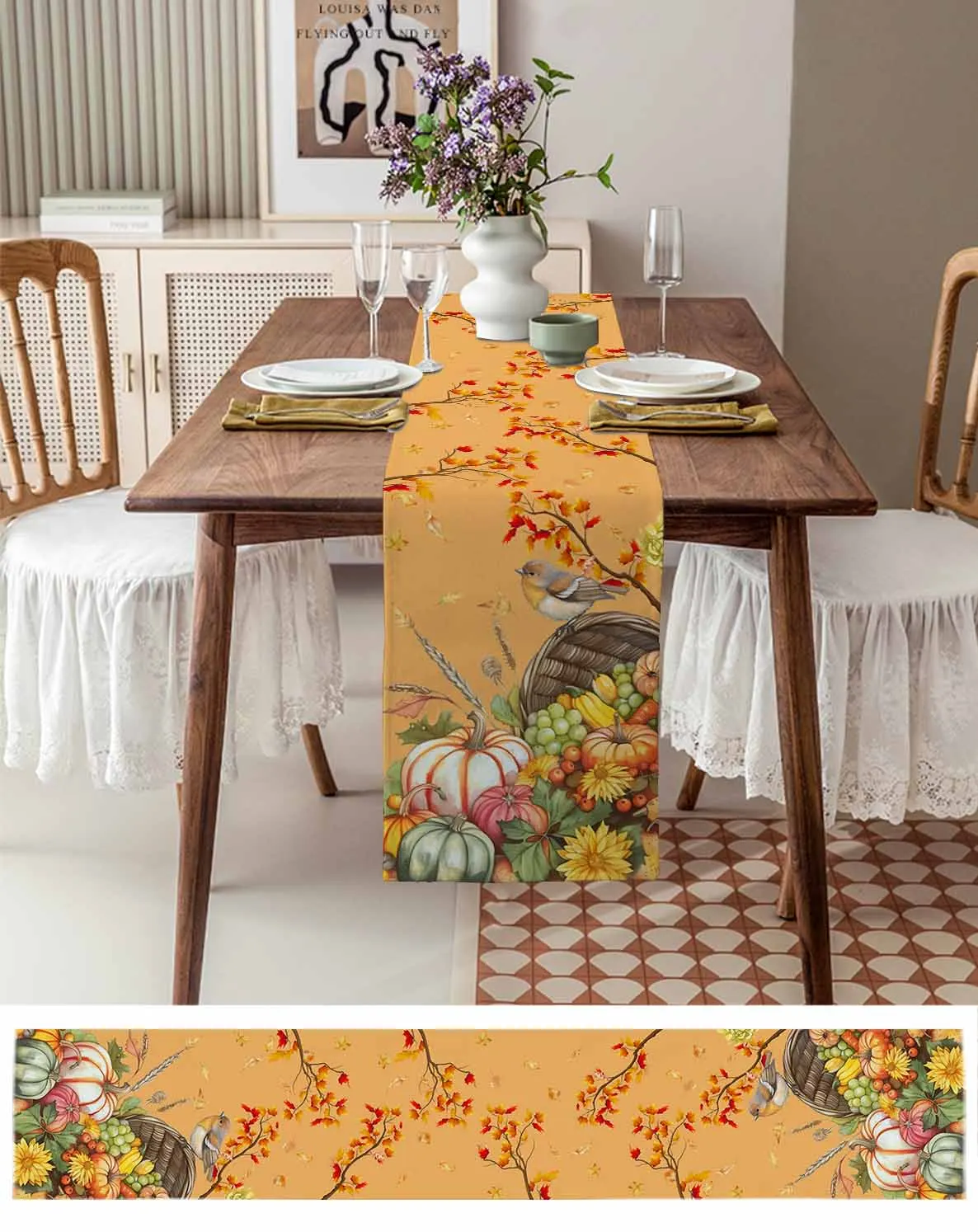 Autumn Pumpkin Maple Leaf Grapes Robin Table Runner for Dining Table Wedding Decoration Tablecloth Home Decor Table Runner