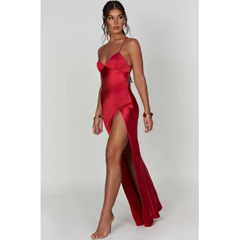 ผ้าพันคอสตรีBackless ElegantชุดแยกHemสปาเก็ตตี้Slimค็อกเทลปาร์ตี้คลับแฟชั่นซาตินLace-Up vestidos