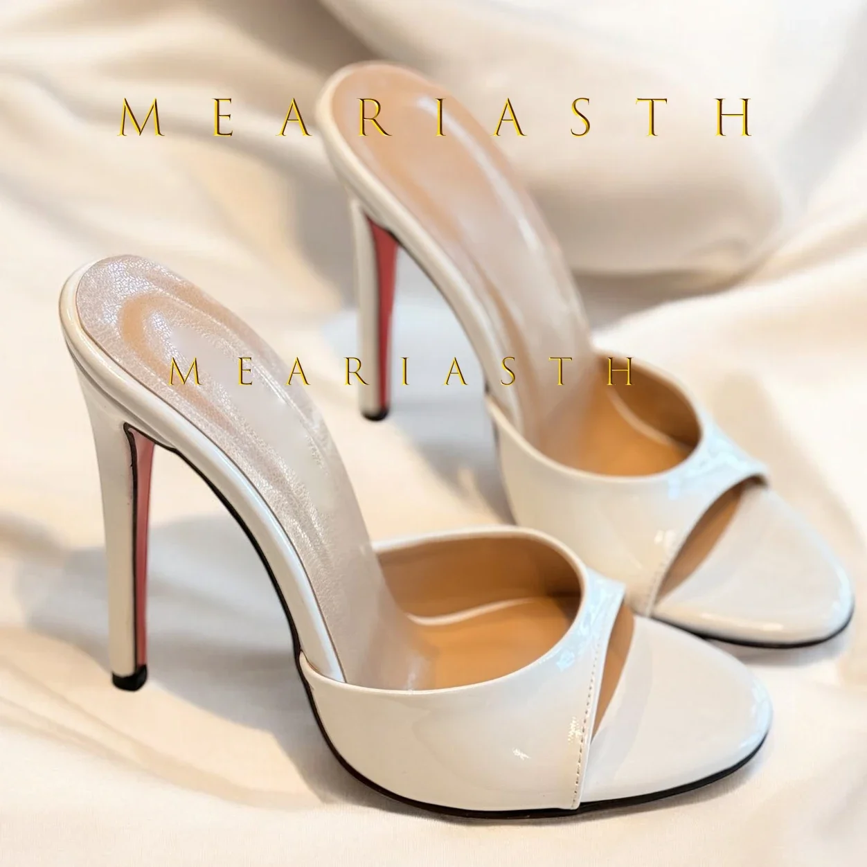 

Red Patent Leather High Heel Slippers Peep Toe Stiletto Heel Pointed Toe Slip-on Sandals Patchwork Shallow Dress Shoes Size 44