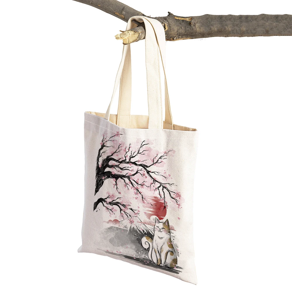 Japanese Koi Gru Japan Dream Deer Cat Sakura Women Shopping Bags Double Print Casual Linen Eco Handbag Shopper Bag Lady Tote