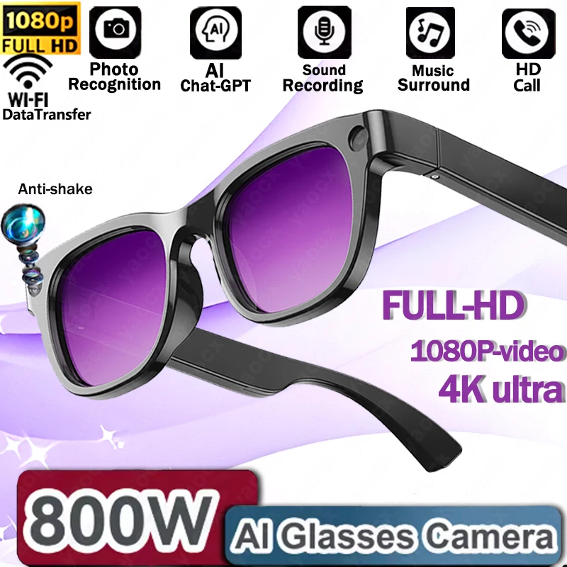 

Умные AI-очки 2026 с камерой 1080P HD 800W, беспроводной связью 5.4, голосовым помощником AI, аудиосистемой Open Ear, для спорта, для мужчин и женщин
