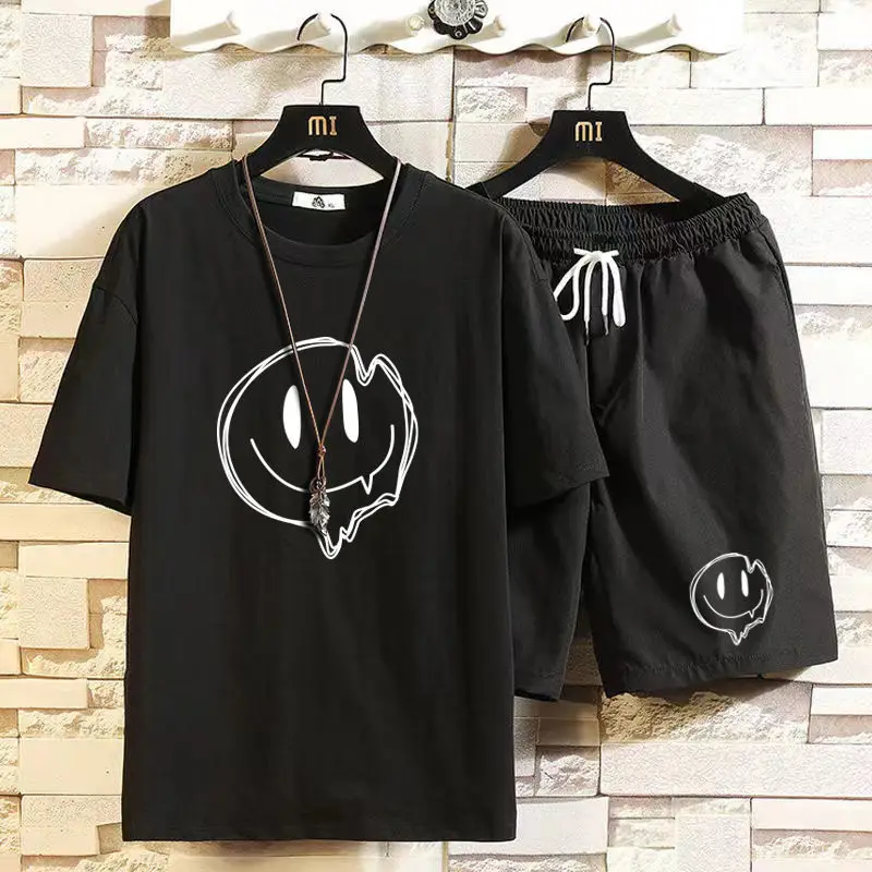 

Top _ Suit Summer Smiley Face Five-point Sleeve Suit Men's Loose T-shirt Casual Student Handsome Five-point Pants Two-piece