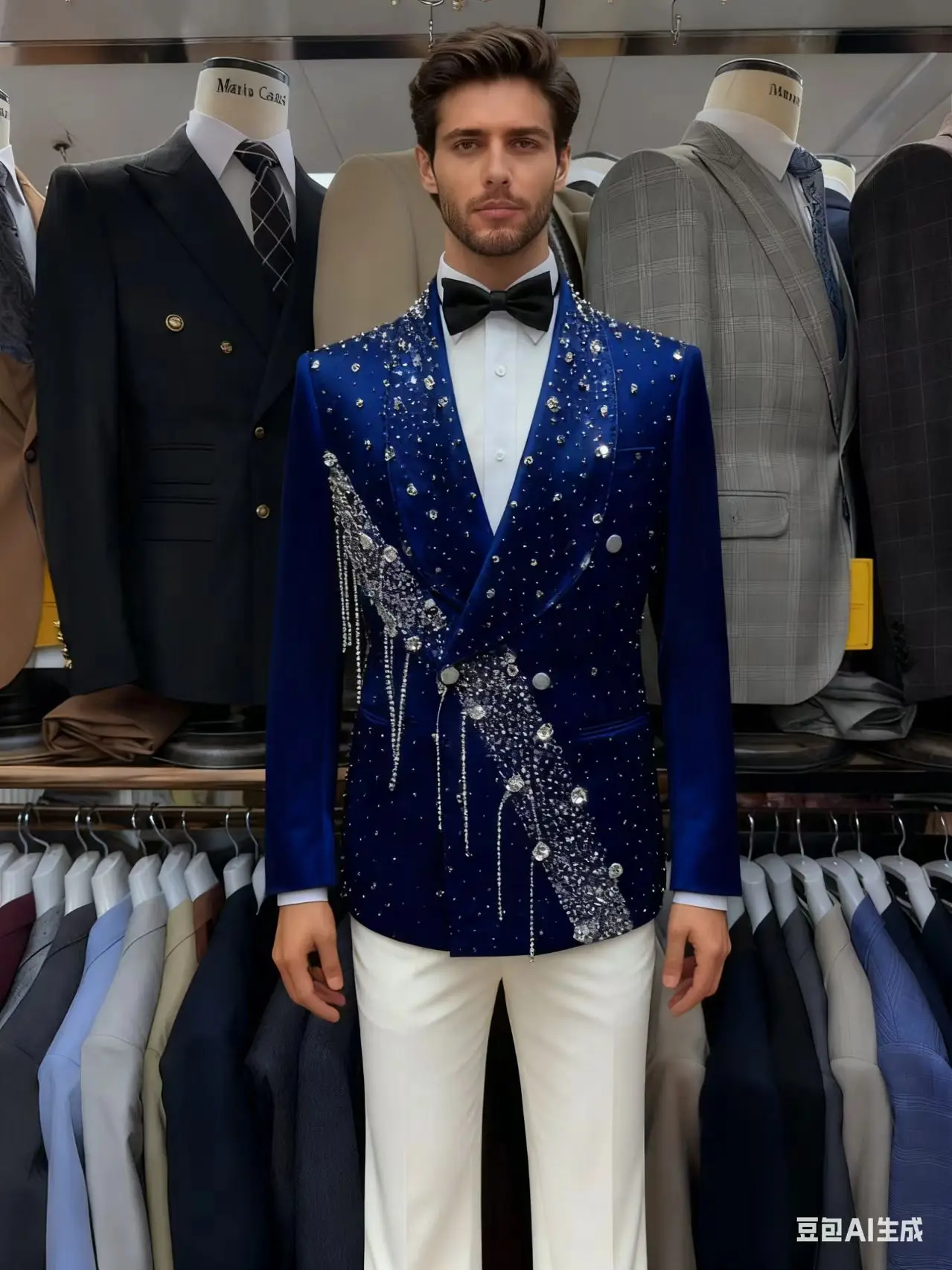 

Blue Crystals Men Suit Set 2 Pcs Blazer+Cotton Pants Trousers Luxury Formal Office Coat Wedding Tuxedo Customized Jacket Outfit