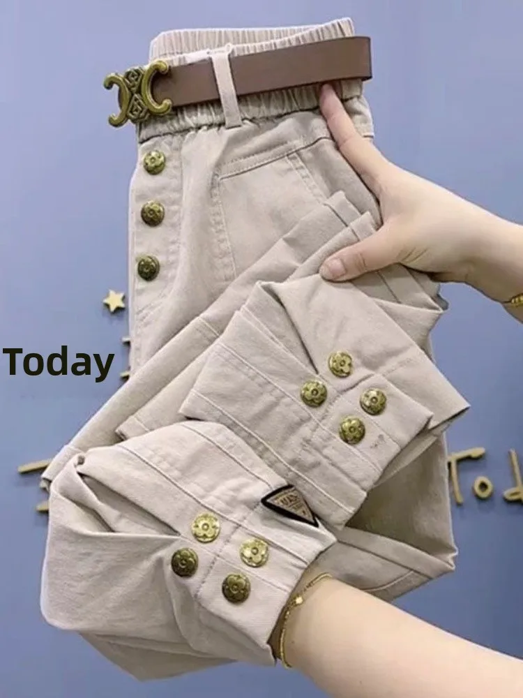 กางเกงขายาวทรงตรงเอวสูงสไตล์ลำลองแฟชั่นใหม่สำหรับฤดูใบไม้ร่วงและฤดูหนาว รุ่น Thiened Single Floing ทรงหลวมช่วยพรางหุ่น ทรงฮาร์แลน เหมาะสำหรับใส่ทำงาน