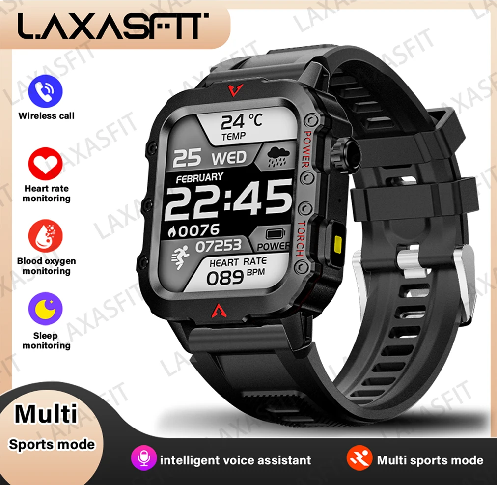 LAXASFIT Nieuw slim horloge voor heren LED-zaklamp Buitensport Smart Watch Polshorloge Gezondheidsmonitoring Smart Watch