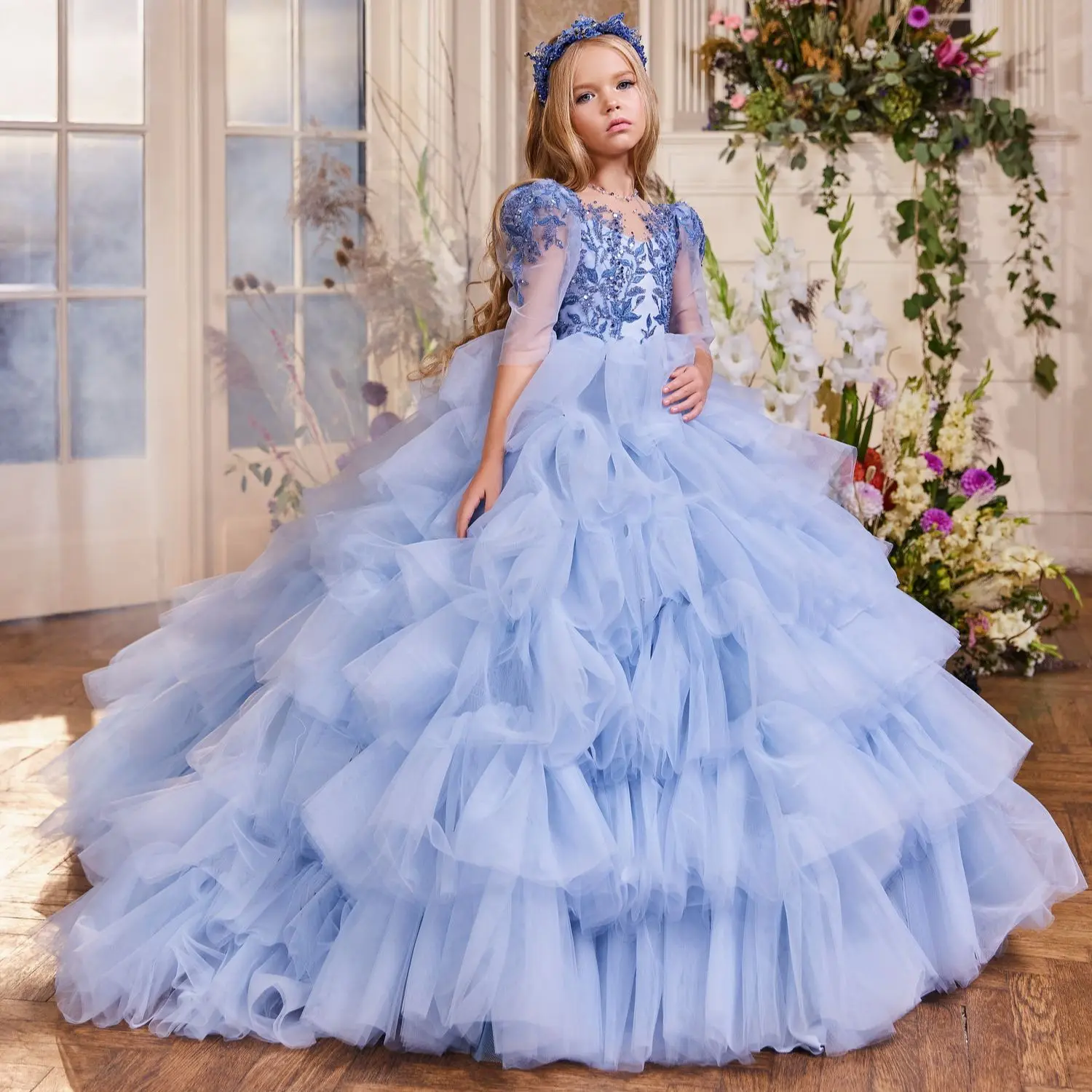 Vestidos de flores para niña, vestidos de banquete con cuentas azules, faldas escalonadas, vestido de princesa, boda, fiesta de graduación, navidad