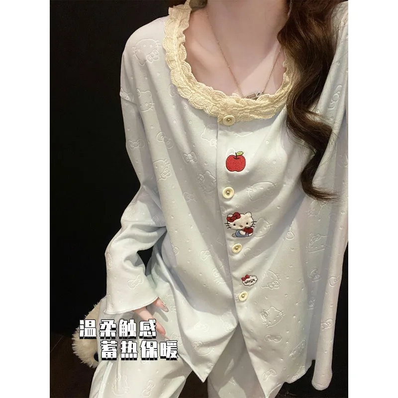 

Fashion Hello Kitty Autumn and Winter Girls' Pajamas German Velvet Long-sleeved Blue Brushed Warm Round Neck Lace Home Wear Set