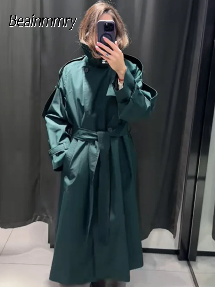 Women Green Long Trench Coat Fashion Full Sleeve Lace Up High Collar Oversized Jacket 2025 Autumn Winter Lady Street Windbreaker