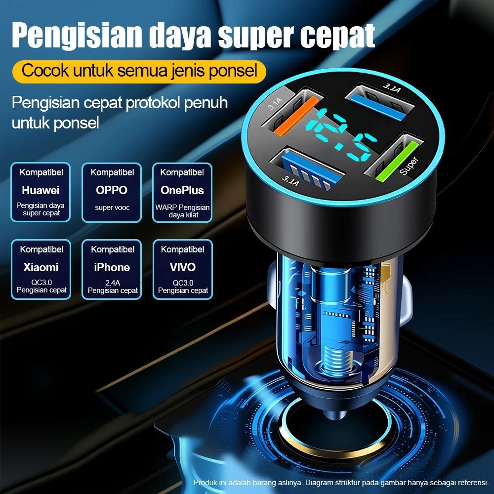 66W 4Port USB Car Charger Digital Voltage Display Fast Car Power Adapter RGB Ring Ambient Light Multi Port Car Cigarette Lighter
