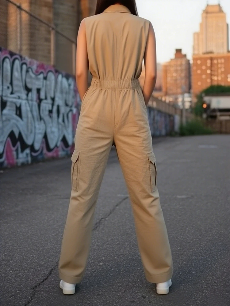 

Женский повседневный свободный комбинезон без рукавов с карманами, 2026, модный однотонный комбинезон на молнии, элегантный уличный длинный комбинезон с v-образным вырезом