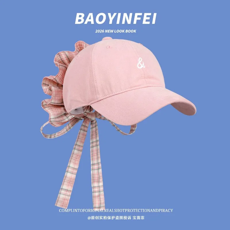 

Ins Sweet Plaid Lace Design Strap Baseball Caps Y2K Spring Summer Travel Sunscreen Versatile Show Face Small Cute Women's Hat