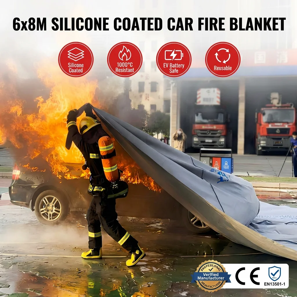 Huarui Premium Silicone Coated Fiberglass Car Fire Blanket 6*8M / 6*9M Reusable Heavy Duty Fireproof Cover