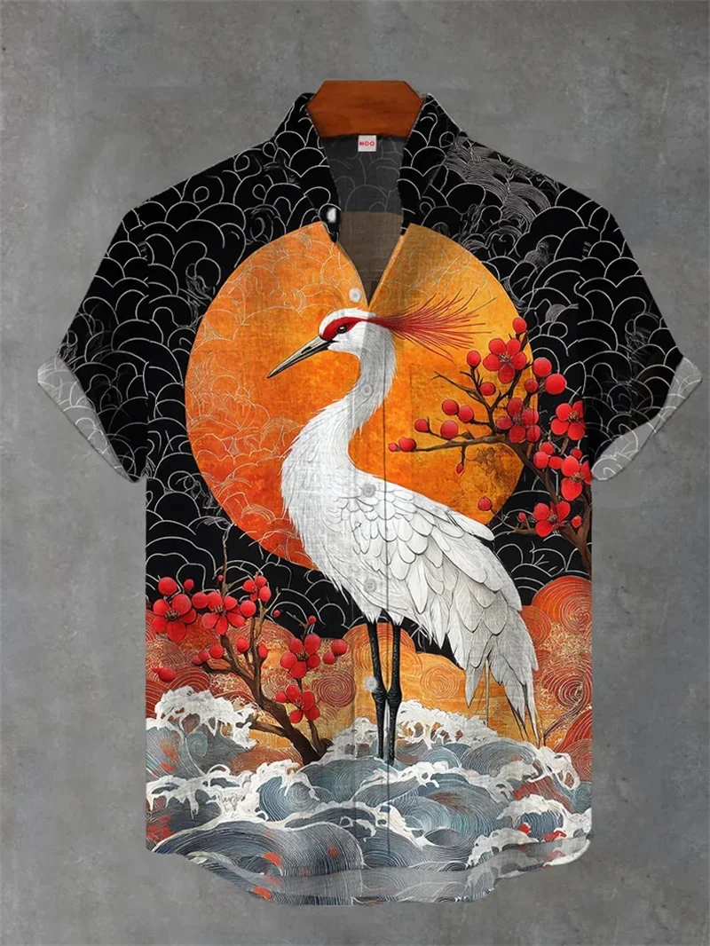 New Men's Abstract Landscape Animal 3D Printed Shirt Vacation Linen Hawaiian Beach Lapel Short Sleeve Breathable Fashion Top