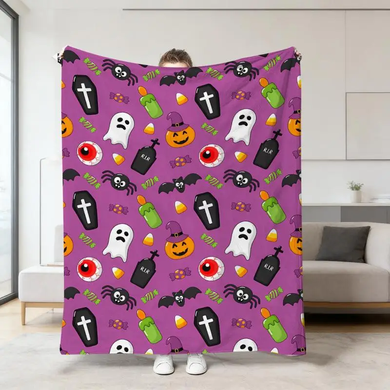 Halloween-Orange-Deckenbezug mit Cartoon-Geister- und Totenkopf-Druck, Flanell-Schlafdecke, Sofabezüge, Multifunktionale Dekorative Decken – Detail 18