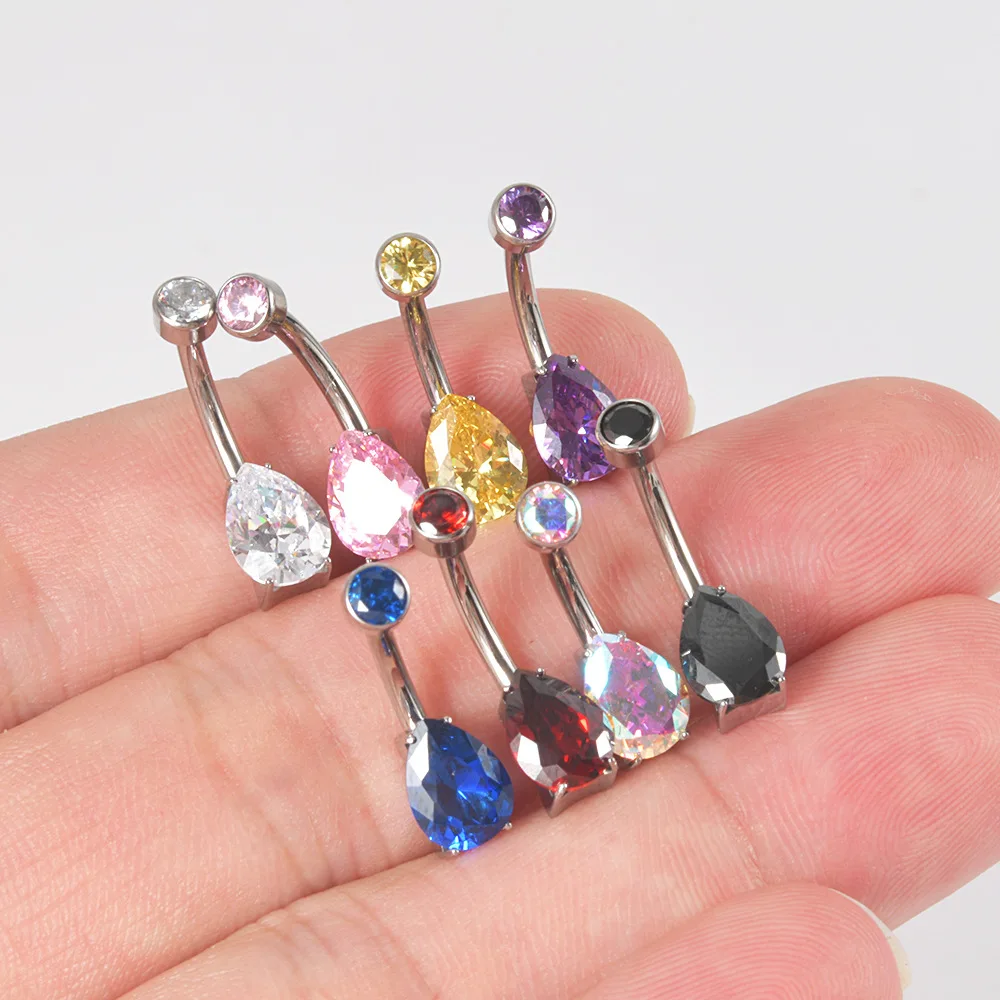 1PC 14G Belly Piercing Button Rings G23 Titanium Internal Thread Curved Rod Water Drop Zircon Barbell Ombligo Piercing Jewelry
