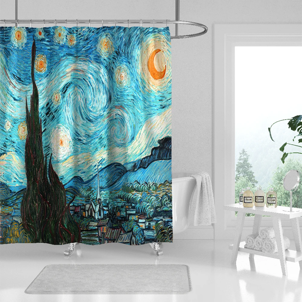 Van Gogh Shower Curtain Set Art Simple Waterproof Fabric with 12 Hooks