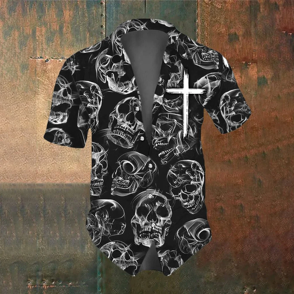 Summer Men\'s Fashion Horror Skull Cross Print Men\'s Short Sleeved Shirt Street Trend Party Men Oversized T-Shirt Top SIZE S-5XL