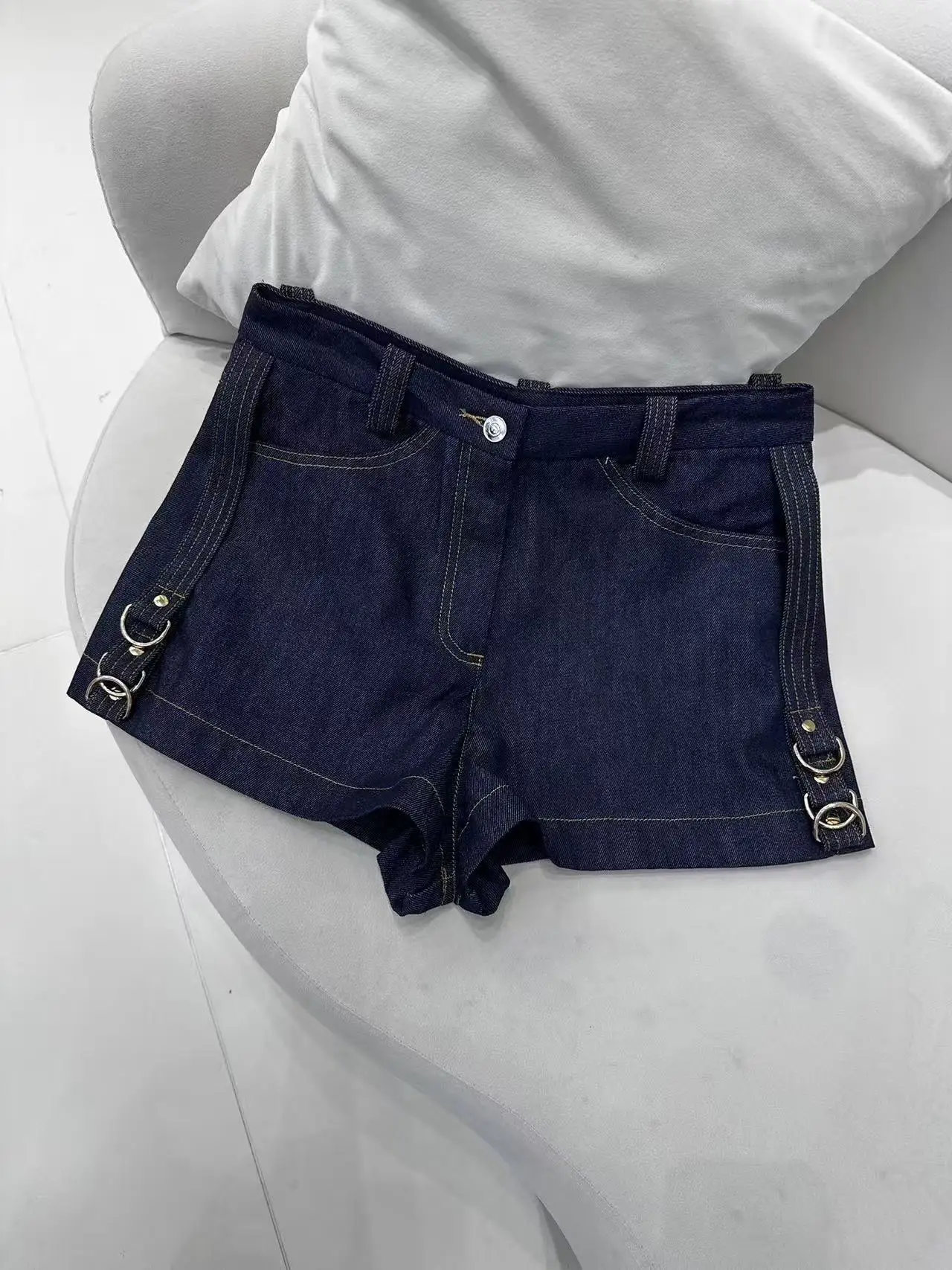 

Women's Denim Set Double Breasted Short Coat Jacket + Metal Embellished Shorts