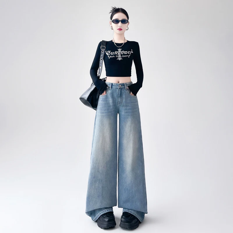 

Женские джинсы свободного кроя, эластичные, из денима, весенние, широкие брюки, повседневные, удобные, струящиеся, оверсайз, длинные.