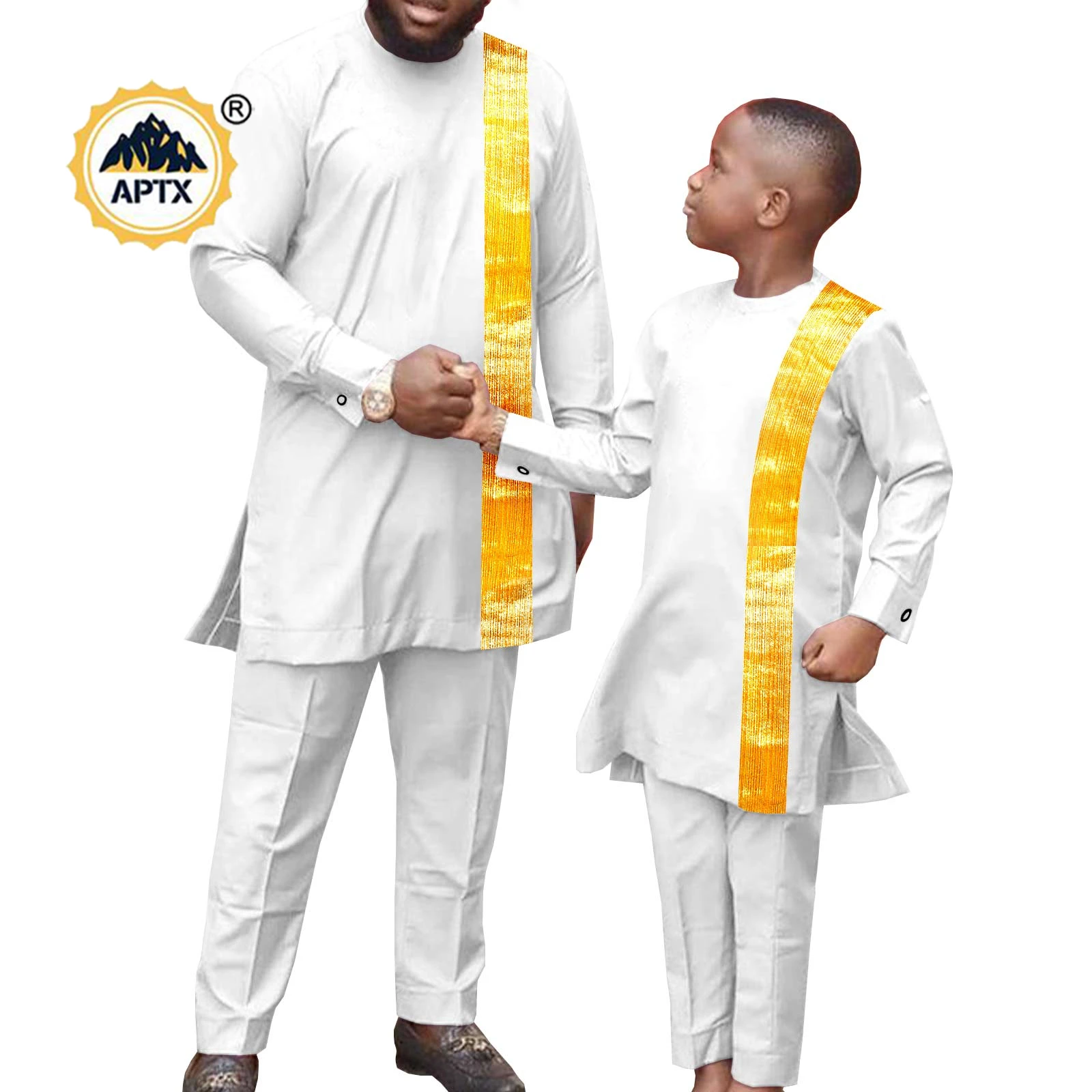 African Family Clothes Bazin Riche Men and Kids Suit Solid Top and Pants Robe Sets Dashiki Men Outfits 2 Pieces Sets Y22F005