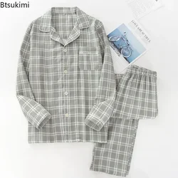 2025 erkek Pijama Setleri Uzun kollu Hırka Üstler ve Pantolonlar % 100% Pamuk Çift Gazlı Bez Kafes Pijama Erkekler Ev Hizmeti Takım Elbise