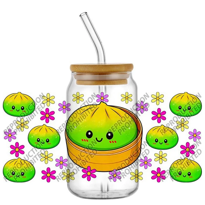 popular New Design Glitter Dumpling Pattern Decal UV DTF Cup Wrap For 16oz Libbey Glass Cup Wraps 3D Transfer Sticker
