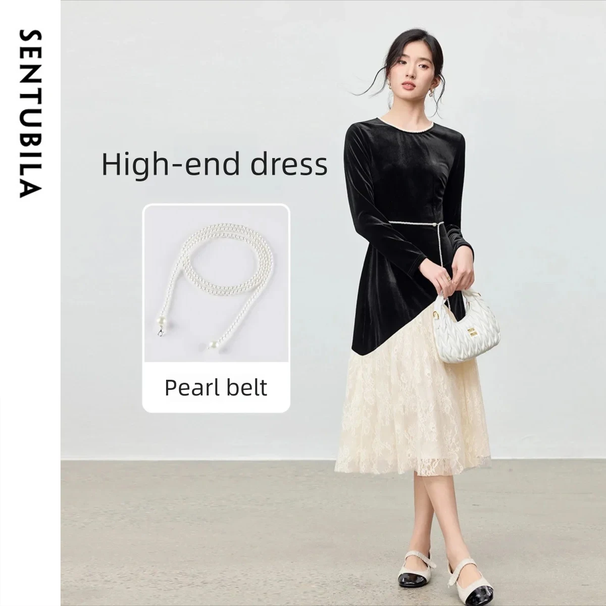 SENTUBILA Women's Contrast Color Fake Two Pieces Dress 2026 Autumn Elegant Removable Pearl Belt Lace Trimmed Dress 153LI3207