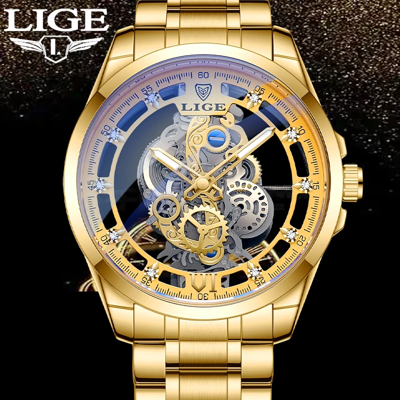 

LIGE New Top Brand Luxury Men Watches Skeleton Quartz Wristwatch Gold Skeleton Retro Man Watch Clock Mens Watches Reloj Hombre