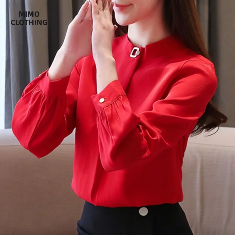 

Женская шифоновая блузка с длинным рукавом и воротником-стойкой, свободного кроя, для весны и осени, модный топ для офиса, однотонная